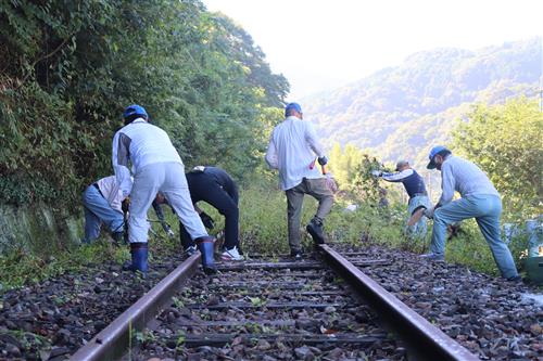 線路上の雑草を草刈機で払い、手作業で丁寧に抜き取る参加者