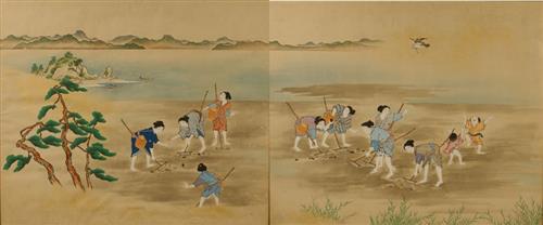 水島の近くで蛤をとる人々