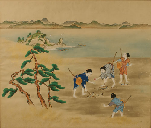 水島の近くで蛤をとる人々の画像
