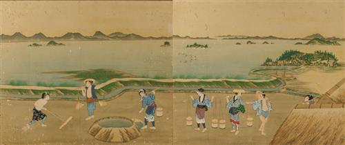 八代海沿岸で塩づくりする人々を描いた江戸時代の絵。