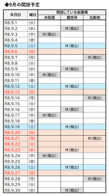 9月の開設予定