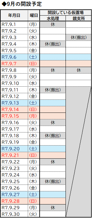 9月の開設予定