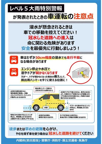 【チラシ】レベル５大雨特別警報が発表されたときの車運転の注意点